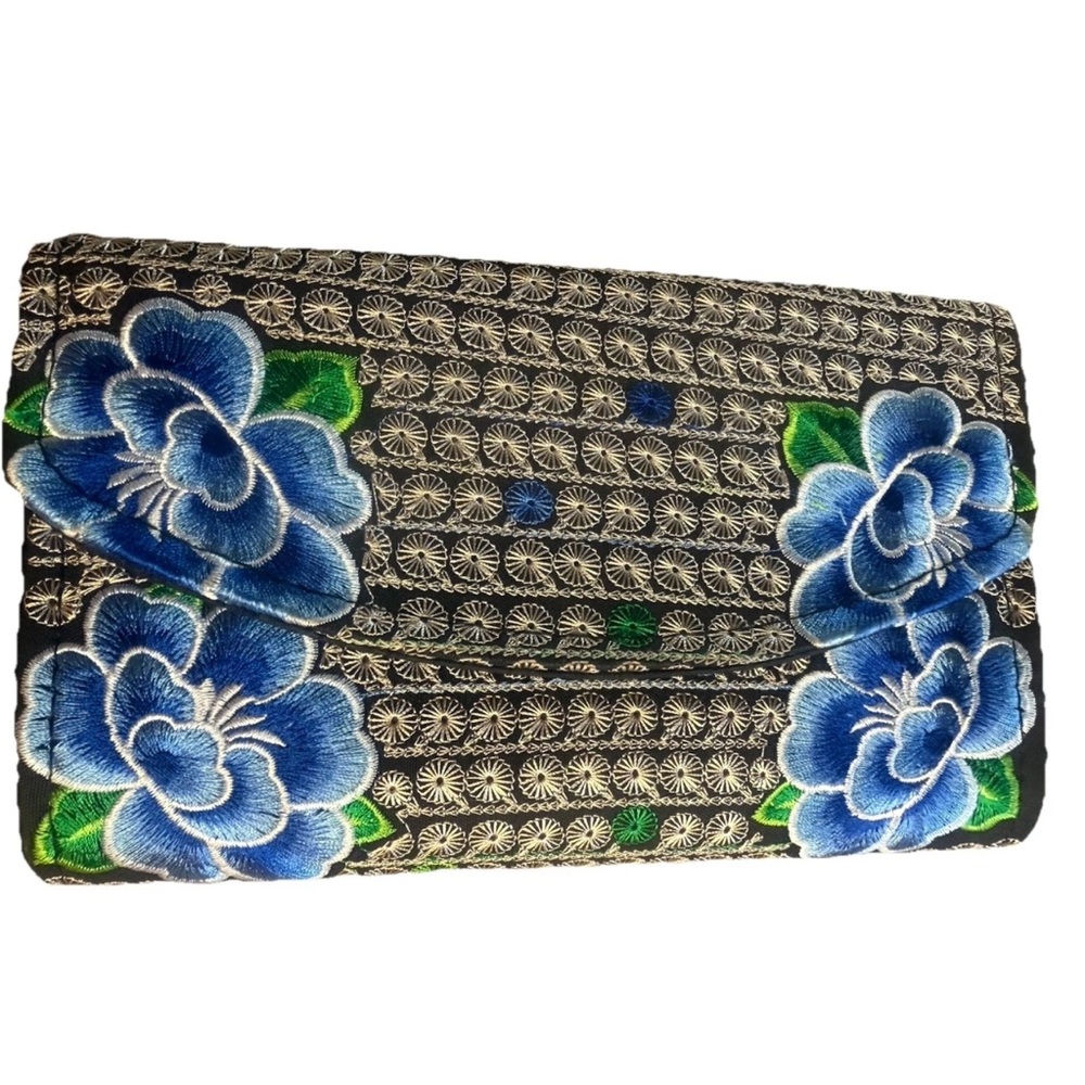 Embroidered Elegant Blue and Black Floral Clutch with Woven Texture